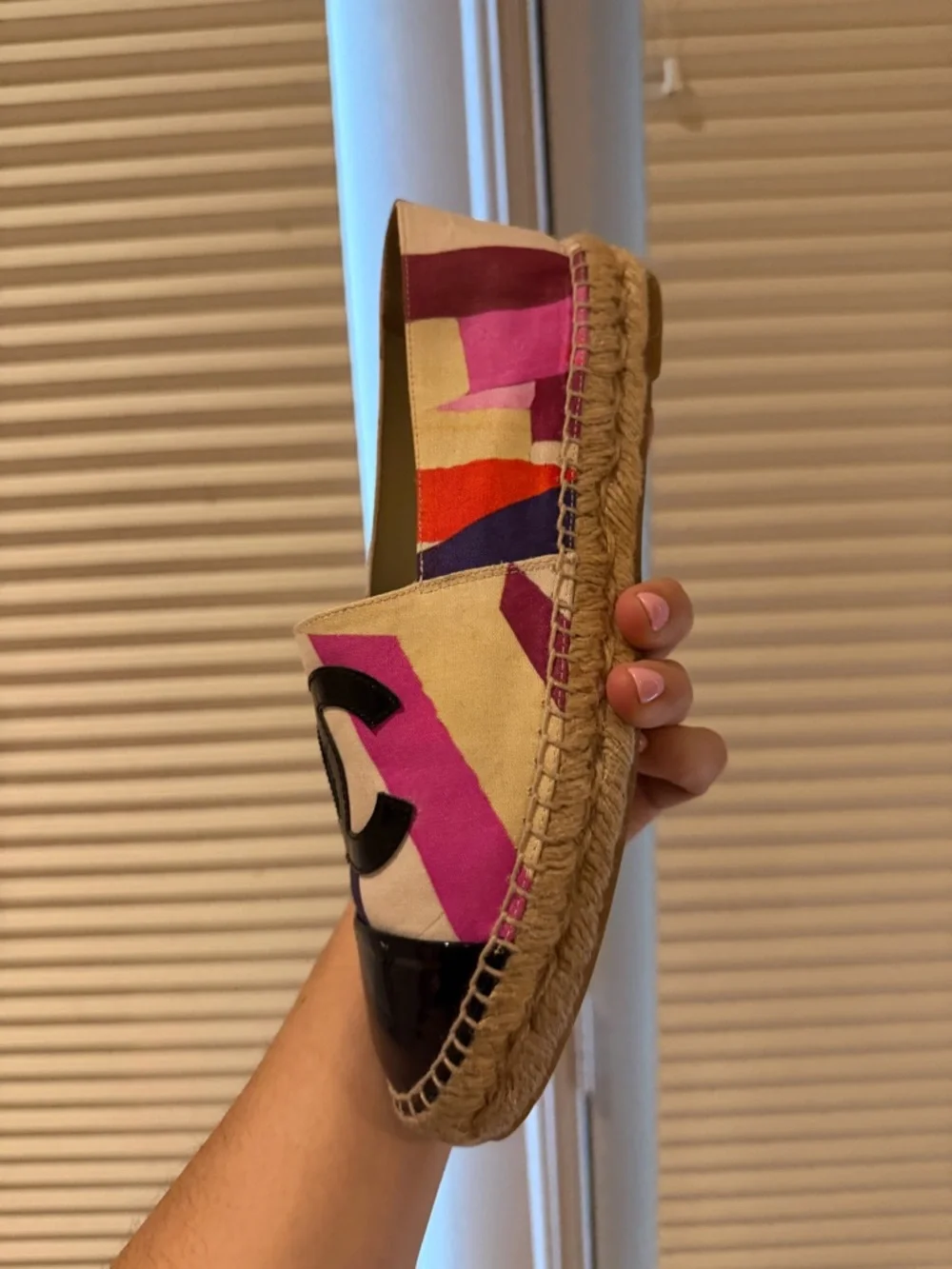 Authentic Chanel Multicolor Fabric Espadrilles Patent Black Toe Flat Size 39 - Picture 10 of 14